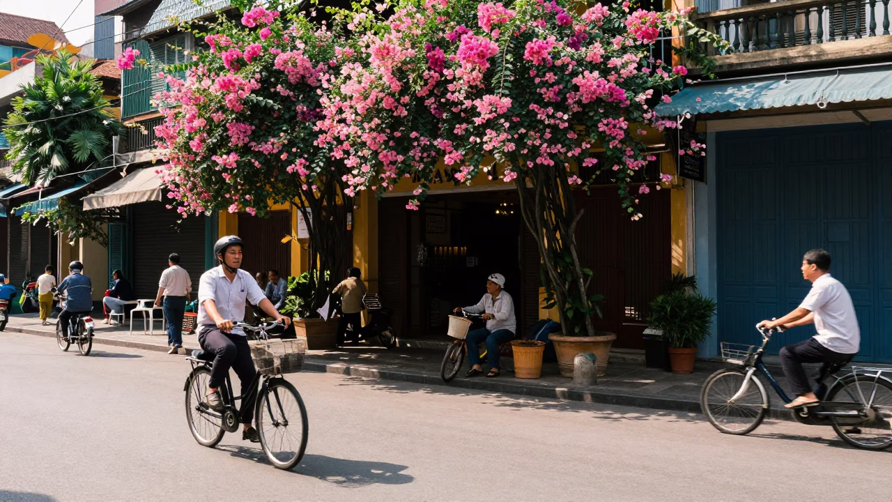 Hanoi Vietnam Midday Street Scene with Bougainvillea and Traditional Life in in Hanoi, Vietnam