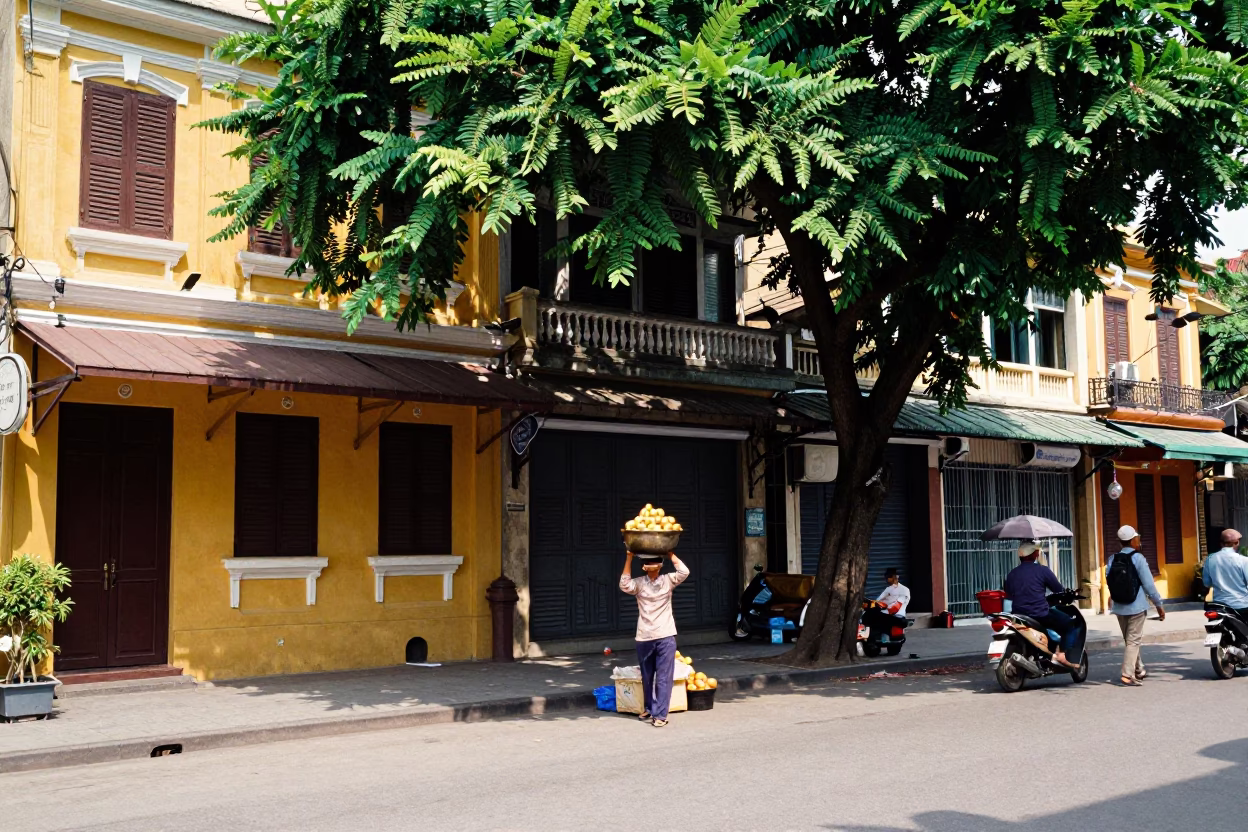 Hanoi Vietnam Midday Street Scene with Cooking Pot and Apples in in Hanoi, Vietnam