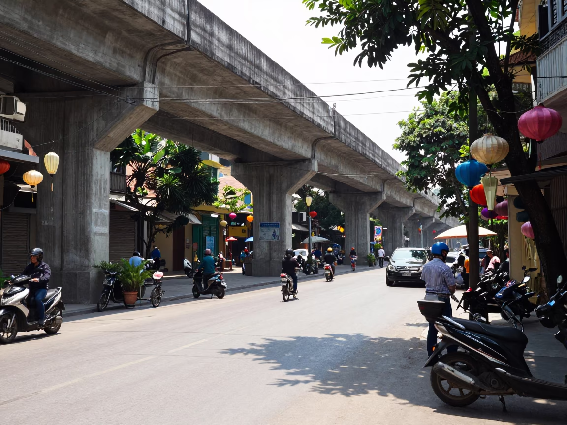 Hanoi Vietnam Midday Street Scene with Paper Lantern and Concrete Viaduct in in Hanoi, Vietnam