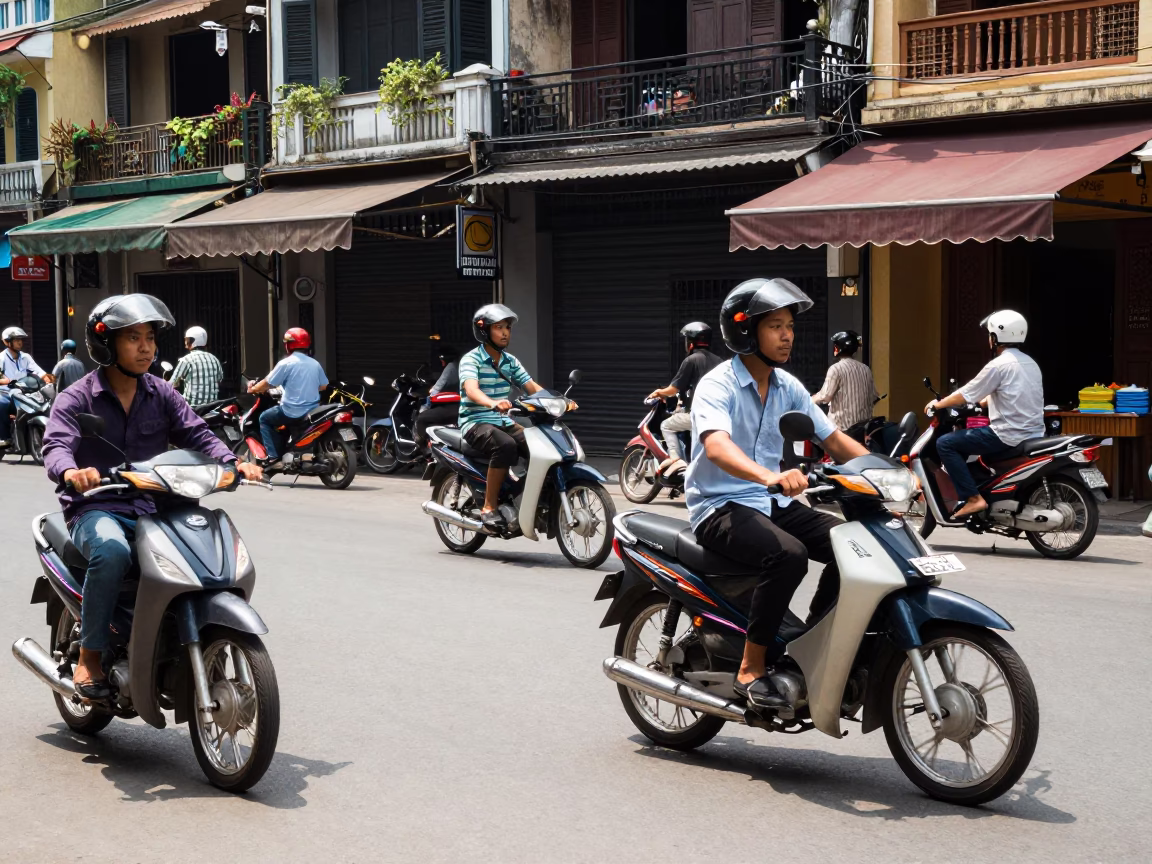 Hanoi Vietnam midday street scene with vintage motorbike and traditional conical hats in in Hanoi, Vietnam