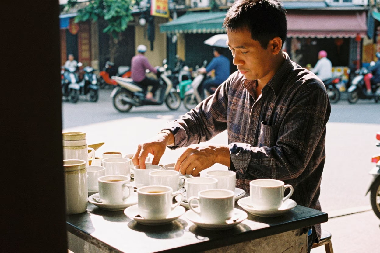 Hanoi Vietnam Midmorning Street Scene with Coffee Mugs and Local Vendors in in Hanoi, Vietnam