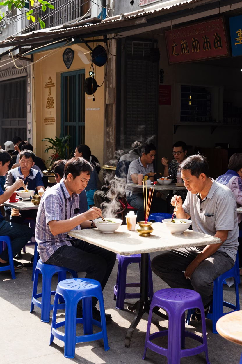 Hanoi Vietnam Midmorning Street Scene with Local Dining and Incense Culture in in Hanoi, Vietnam
