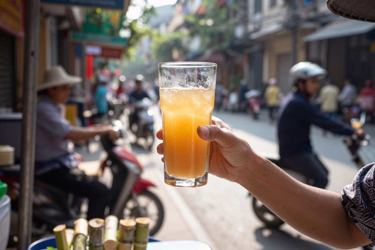 Hanoi Vietnam Midmorning Street Scene with Sugarcane Juice Vendor and Old Telephone in in Hanoi, Vietnam