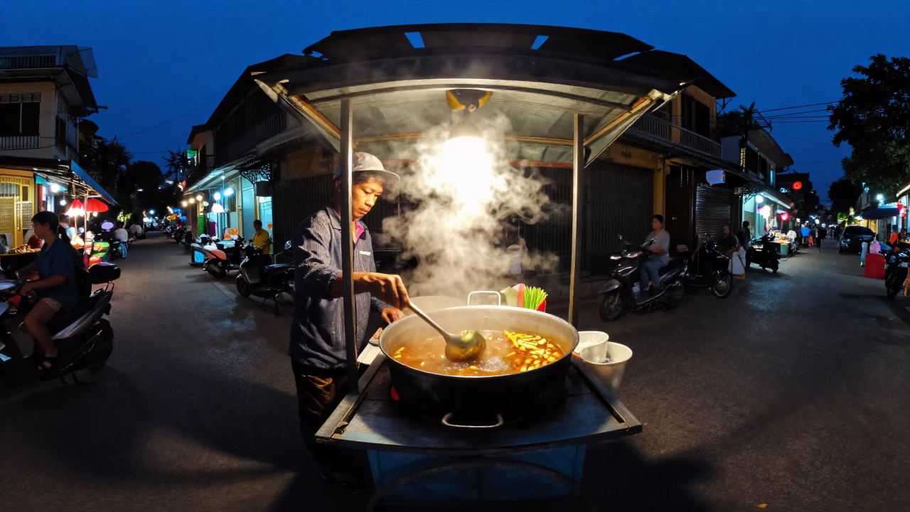 Hanoi Vietnam Midnight Street Food Vendor Cooking Lemongrass in Saucepan with Local Customers in in Hanoi, Vietnam