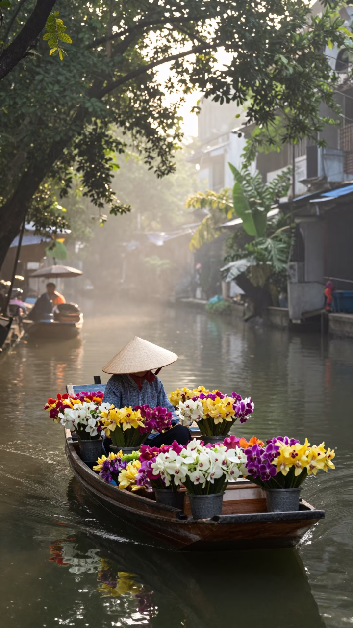 Hanoi Vietnam Morning Market Sampan Flower Vendor First Light in in Hanoi, Vietnam