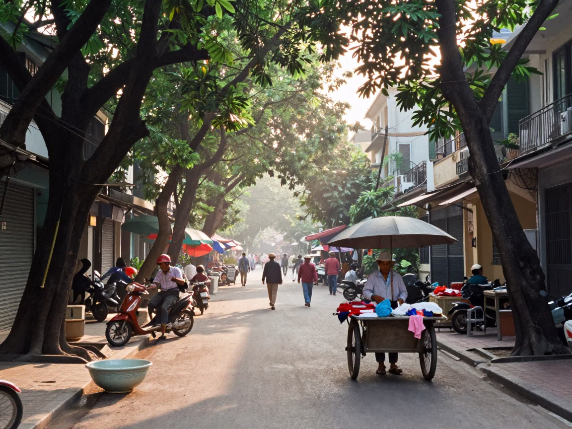 Hanoi Vietnam Morning Street Scene with Ceramic Bowl and Laundry Basket in in Hanoi, Vietnam
