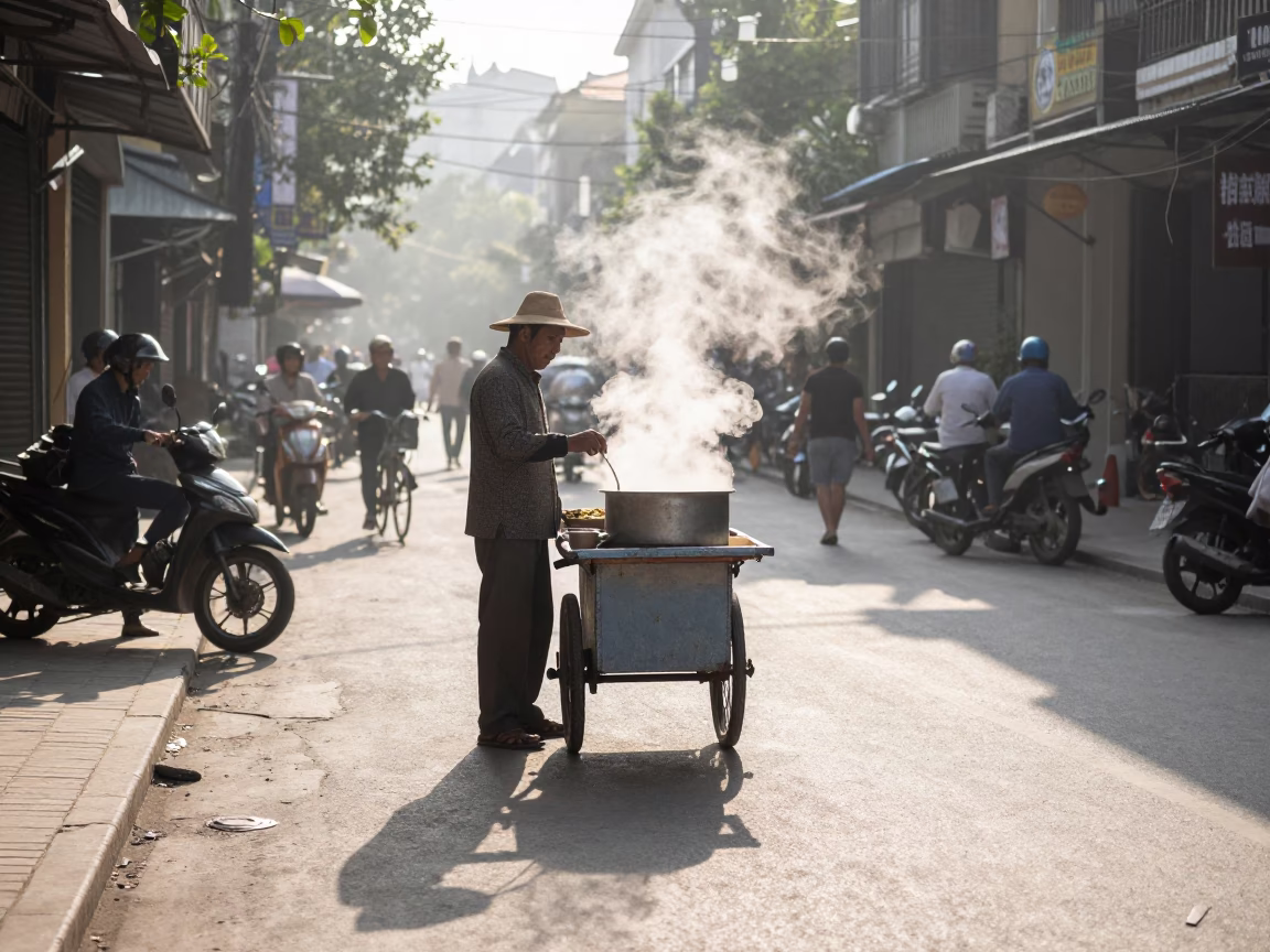 Hanoi Vietnam Morning Street Scene with Steam Haze and Local Market Activity in in Hanoi, Vietnam