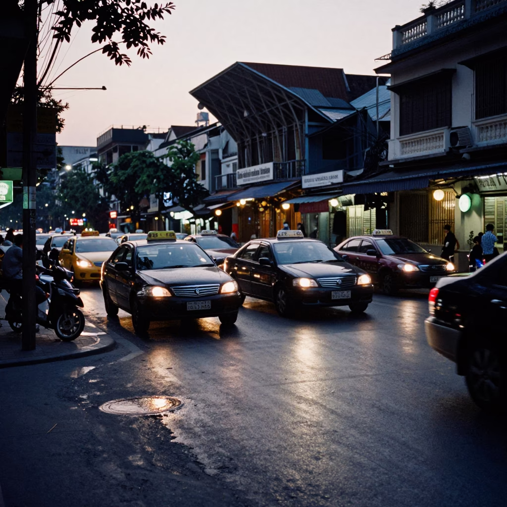 Hanoi Vietnam Morning Street Scene with Taxi Rank and Local Life at Nautical Dawn in in Hanoi, Vietnam