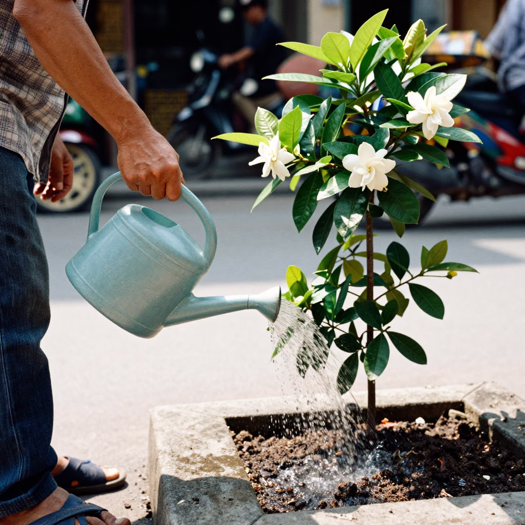 Hanoi Vietnam Morning Street Scene with Watering Can and Gardenia Bush in Bright Light in in Hanoi, Vietnam