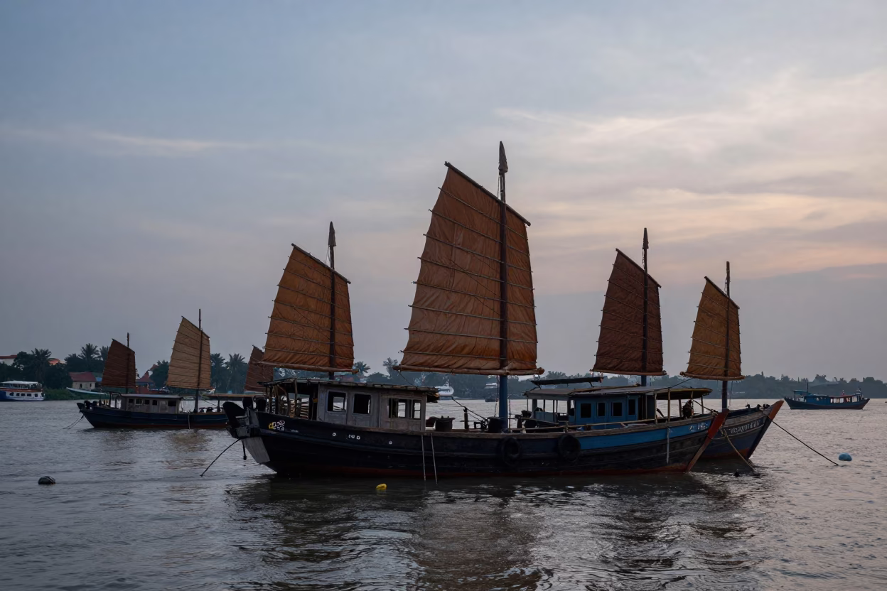 Hanoi Vietnam Nautical Dawn Harbor Junk Boats and Early Morning Mist in in Hanoi, Vietnam