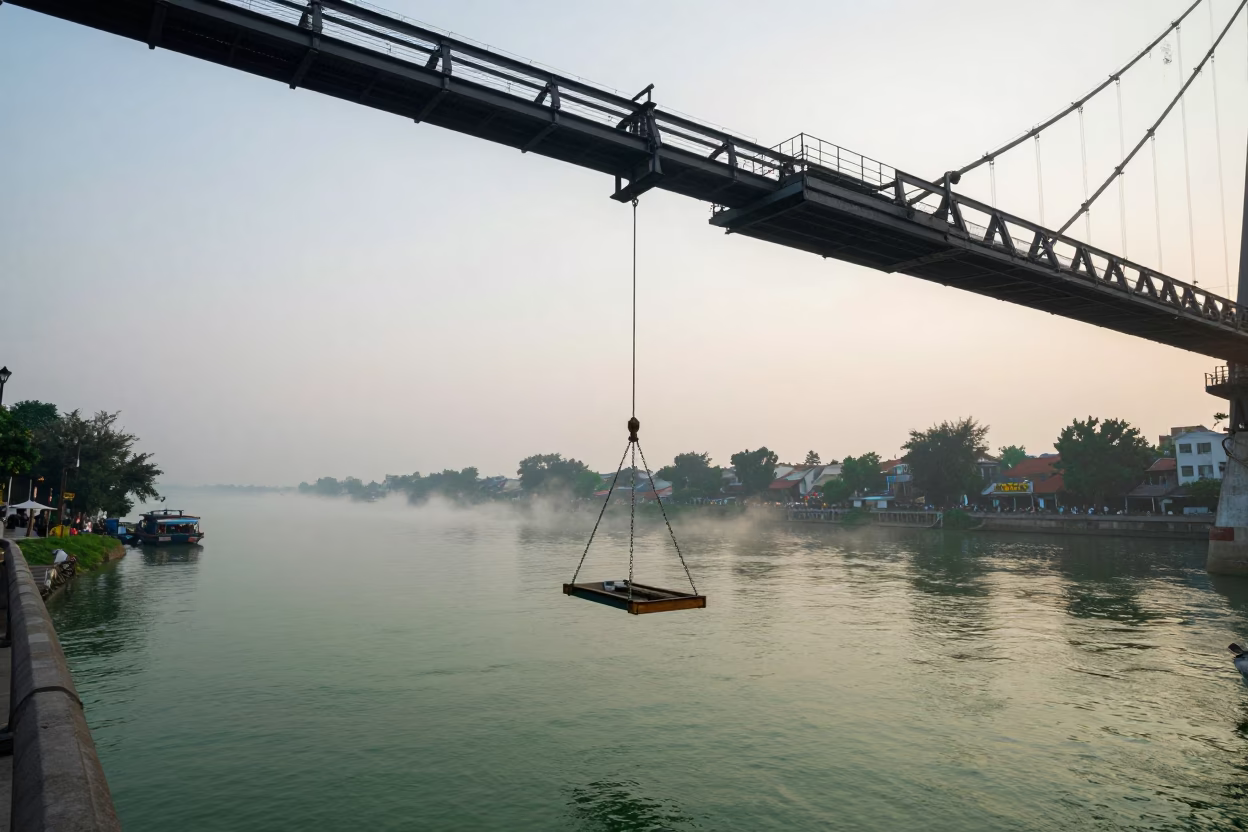 Hanoi Vietnam Nautical Dawn Street Photography with Bridge Maintenance Cradle and Green River Water in in Hanoi, Vietnam