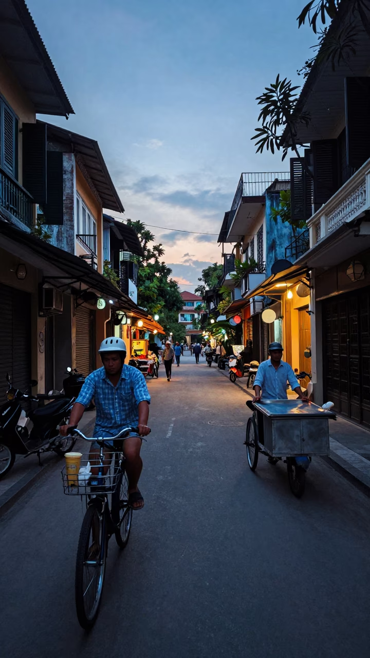Hanoi Vietnam Nautical Dawn Street Scene with Bicycle and Coffee Stalls in in Hanoi, Vietnam