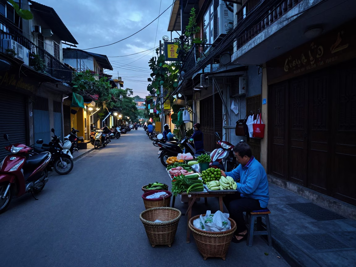 Hanoi Vietnam Nautical Dawn Street Scene with Motorcycles and Morning Market Activity in in Hanoi, Vietnam
