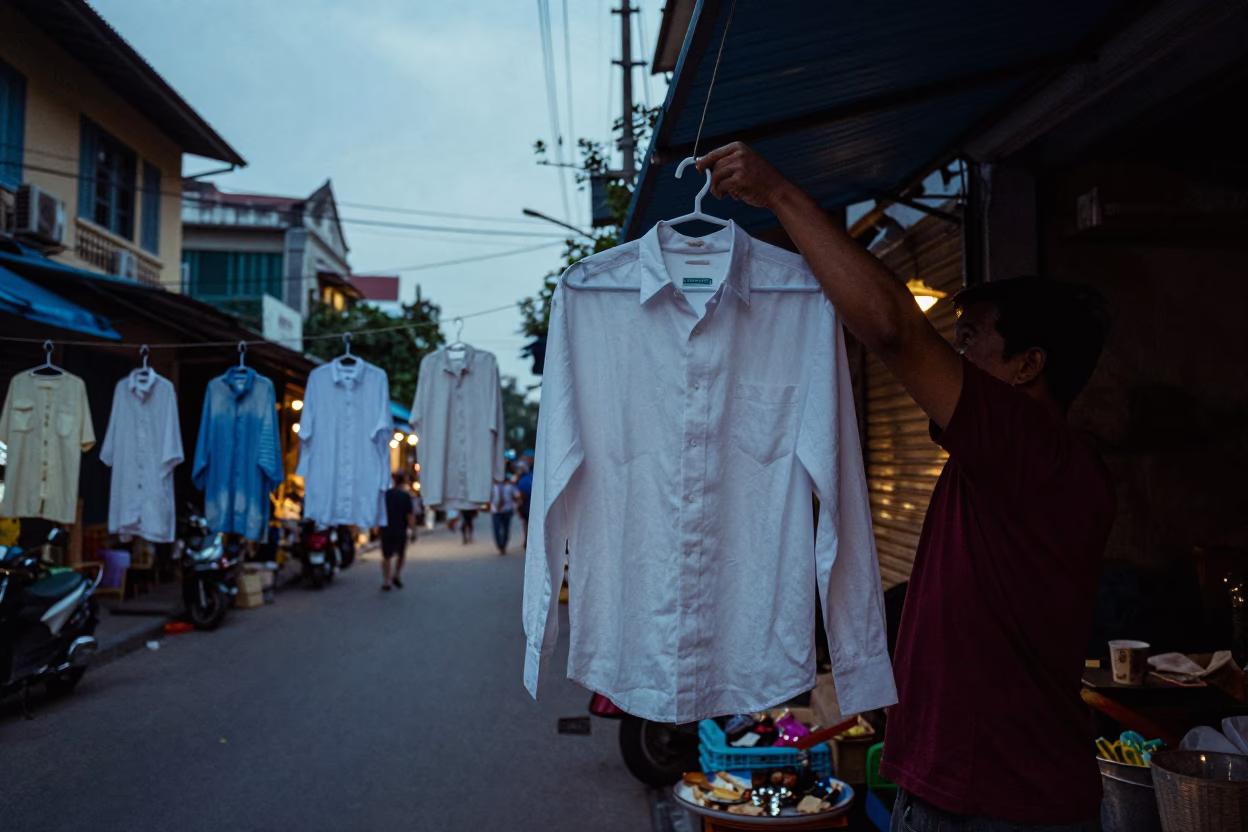 Hanoi Vietnam Nautical Dawn Street Scene with Shirt Hanger and Bicycle in in Hanoi, Vietnam