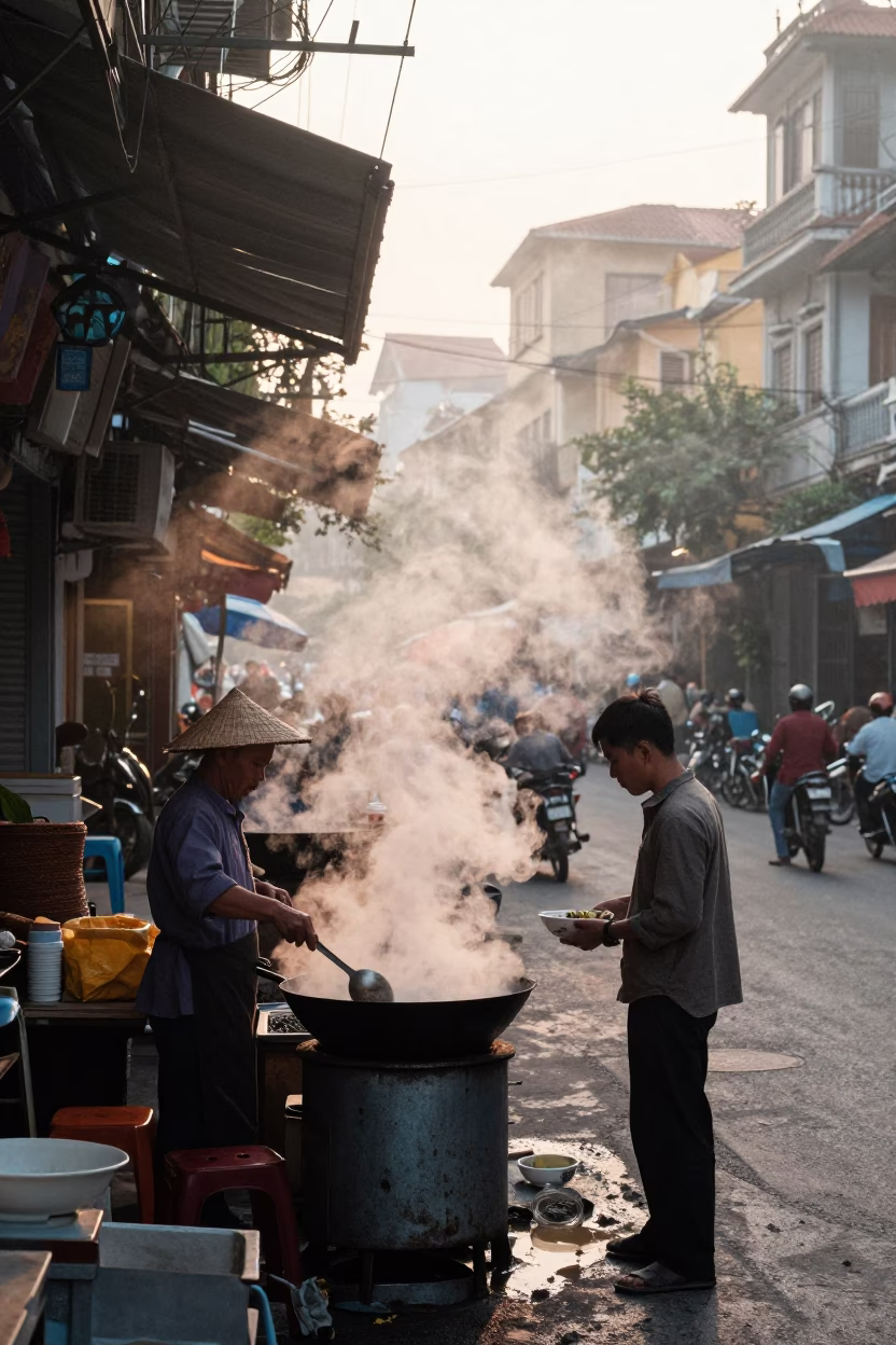 Hanoi Vietnam Nautical Dawn Street Scene with Steam and Spice Jar in in Hanoi, Vietnam