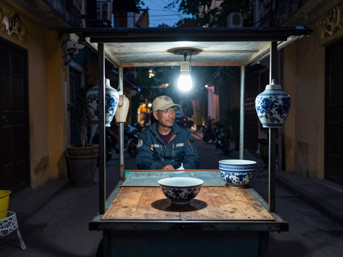 Hanoi Vietnam Night Street Scene with Blue and White Porcelain Bowl and Banana Stalks in in Hanoi, Vietnam