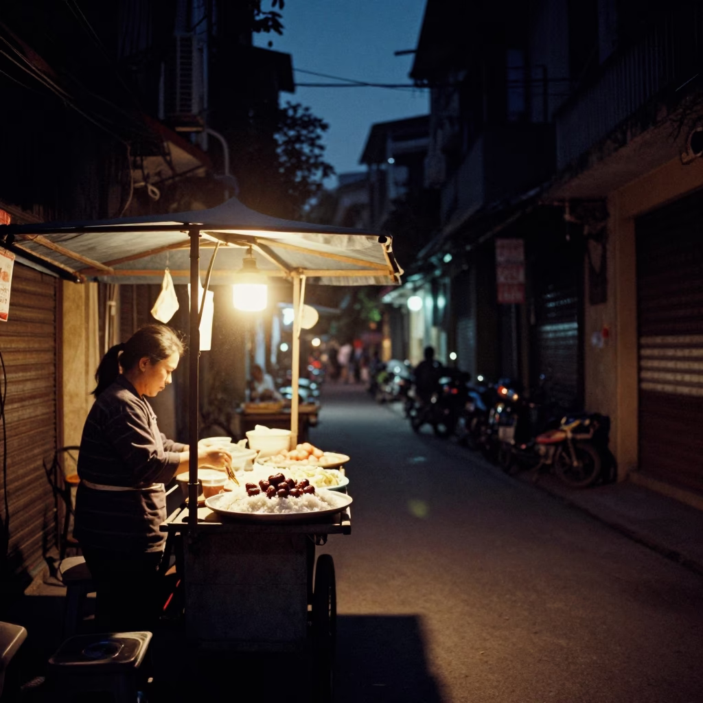 Hanoi Vietnam Night Street Scene with Charcoal Stick and Dates in Traditional Alley in in Hanoi, Vietnam