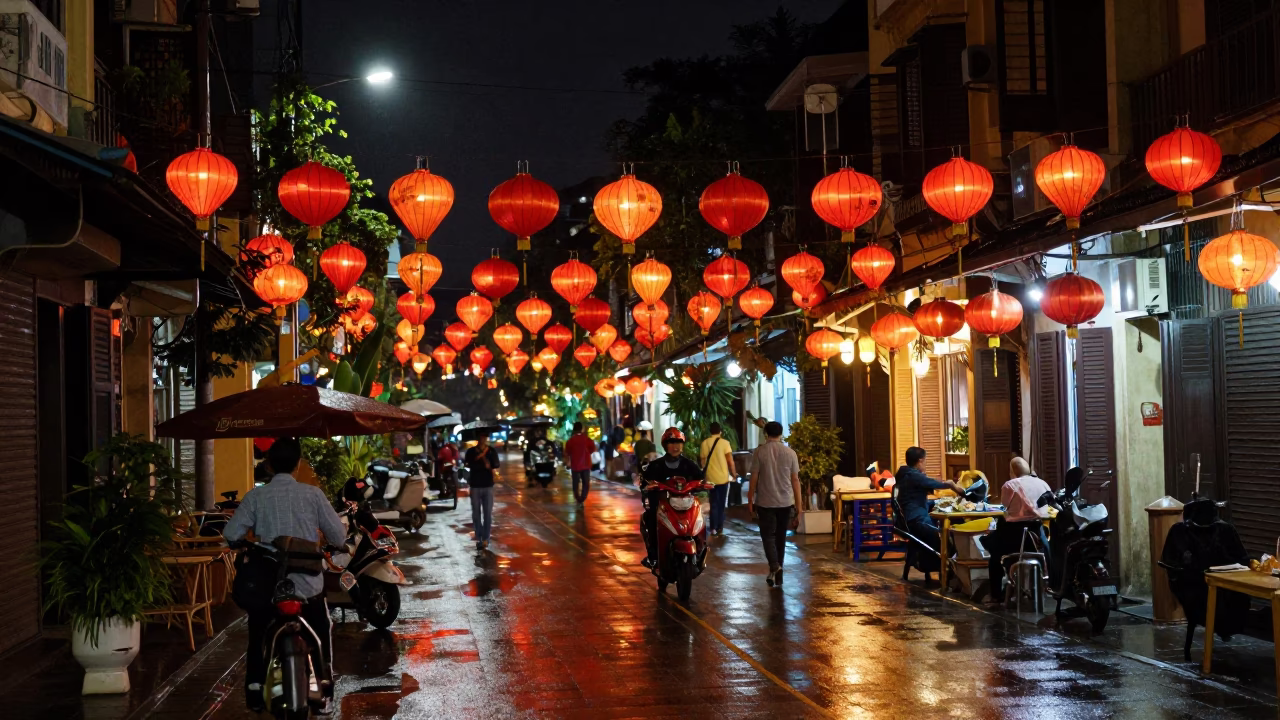 Hanoi Vietnam Night Street Scene with Red Lanterns and Wet Pavement Reflections in in Hanoi, Vietnam