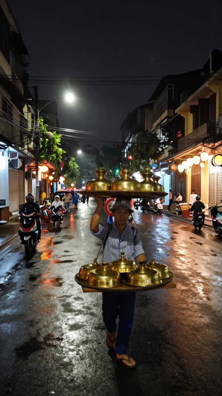 Hanoi Vietnam Night Street Scene with Steamboat Lanterns and Brass Pot Lids in in Hanoi, Vietnam