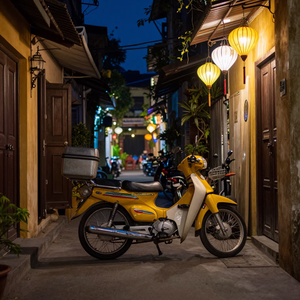 Hanoi Vietnam night street scene with vintage motorbike and lantern light in in Hanoi, Vietnam