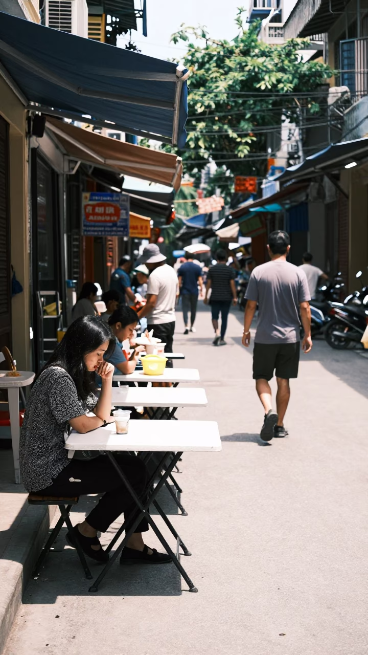 Hanoi Vietnam Noon Street Scene with Folding Tables and Local Commerce in in Hanoi, Vietnam