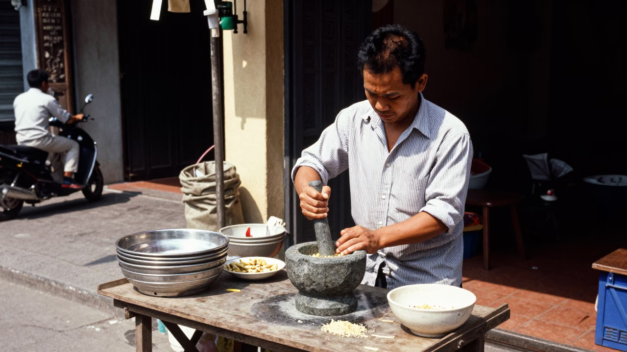 Hanoi Vietnam Noon Street Scene with Mortar and Pestle on Wooden Stall in in Hanoi, Vietnam