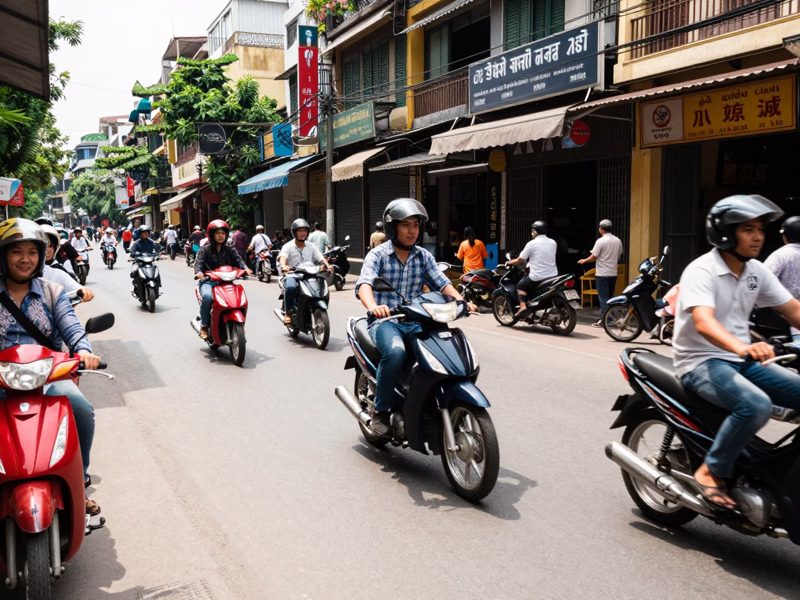 Hanoi Vietnam Noon Street Scene with Motorbikes and Local Shopfronts in in Hanoi, Vietnam