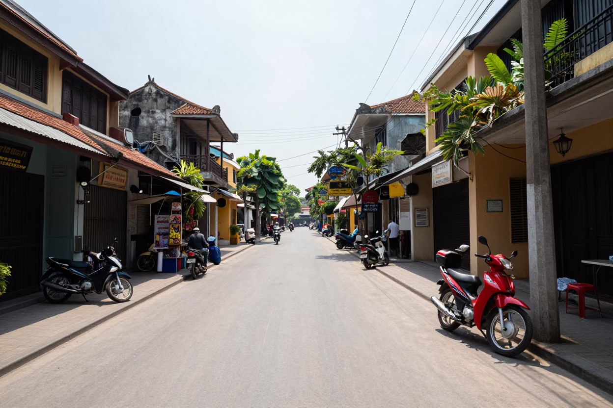 Hanoi Vietnam Noon Street Scene with Motorcycles and Local Life Under Flat Glare in in Hanoi, Vietnam