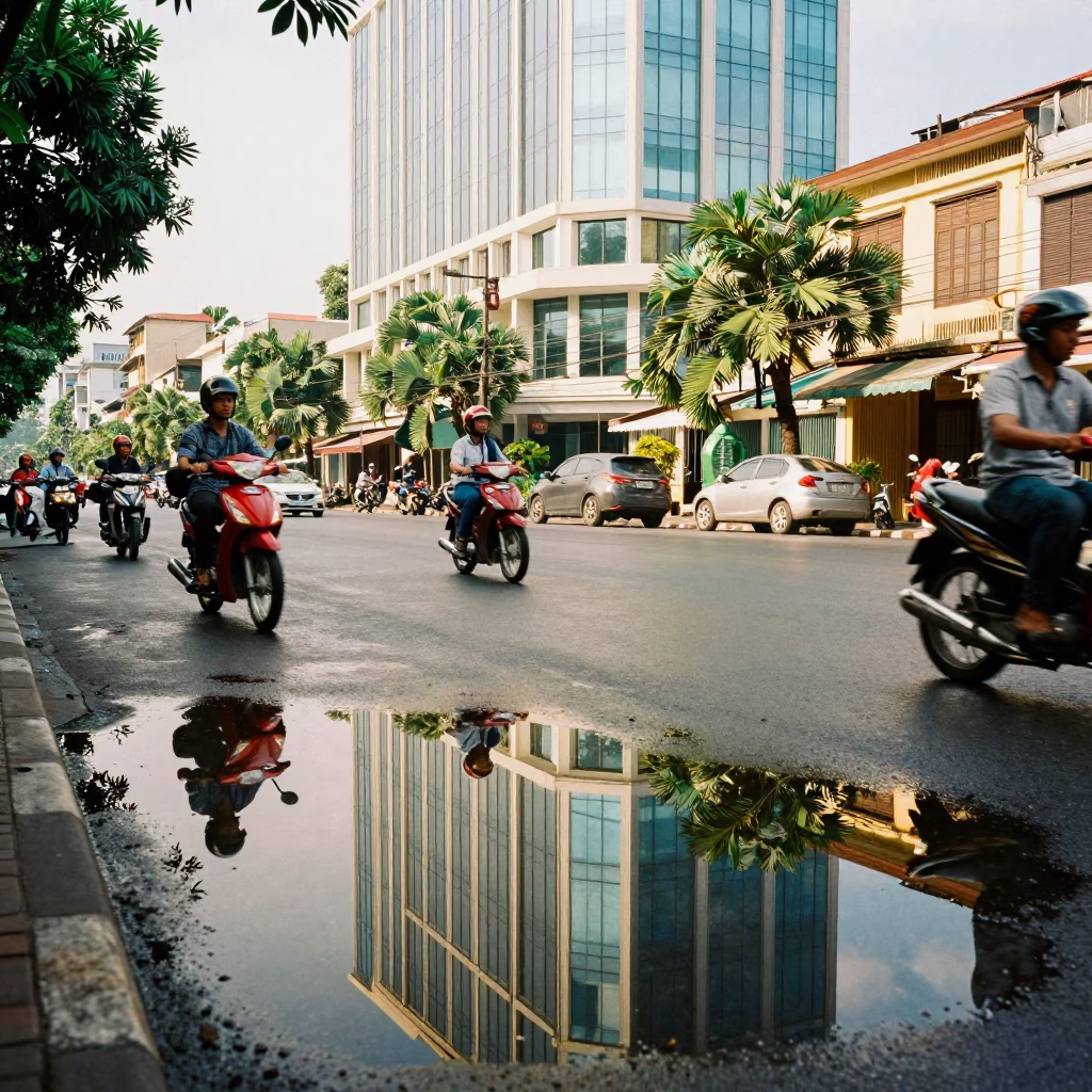 Hanoi Vietnam Noon Street Scene with Puddle Reflections of Hotel Windows and Tail Lights in in Hanoi, Vietnam