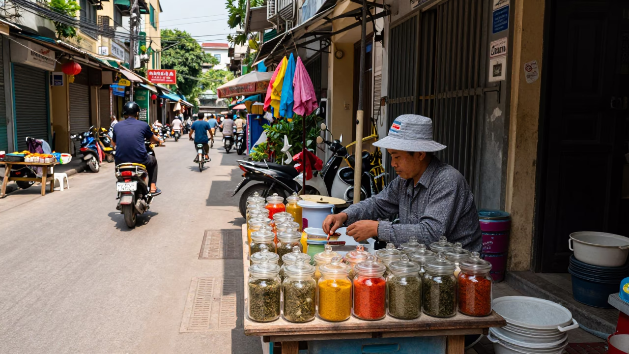 Hanoi Vietnam Noon Street Scene with Spice Jars and Local Market Activity in in Hanoi, Vietnam