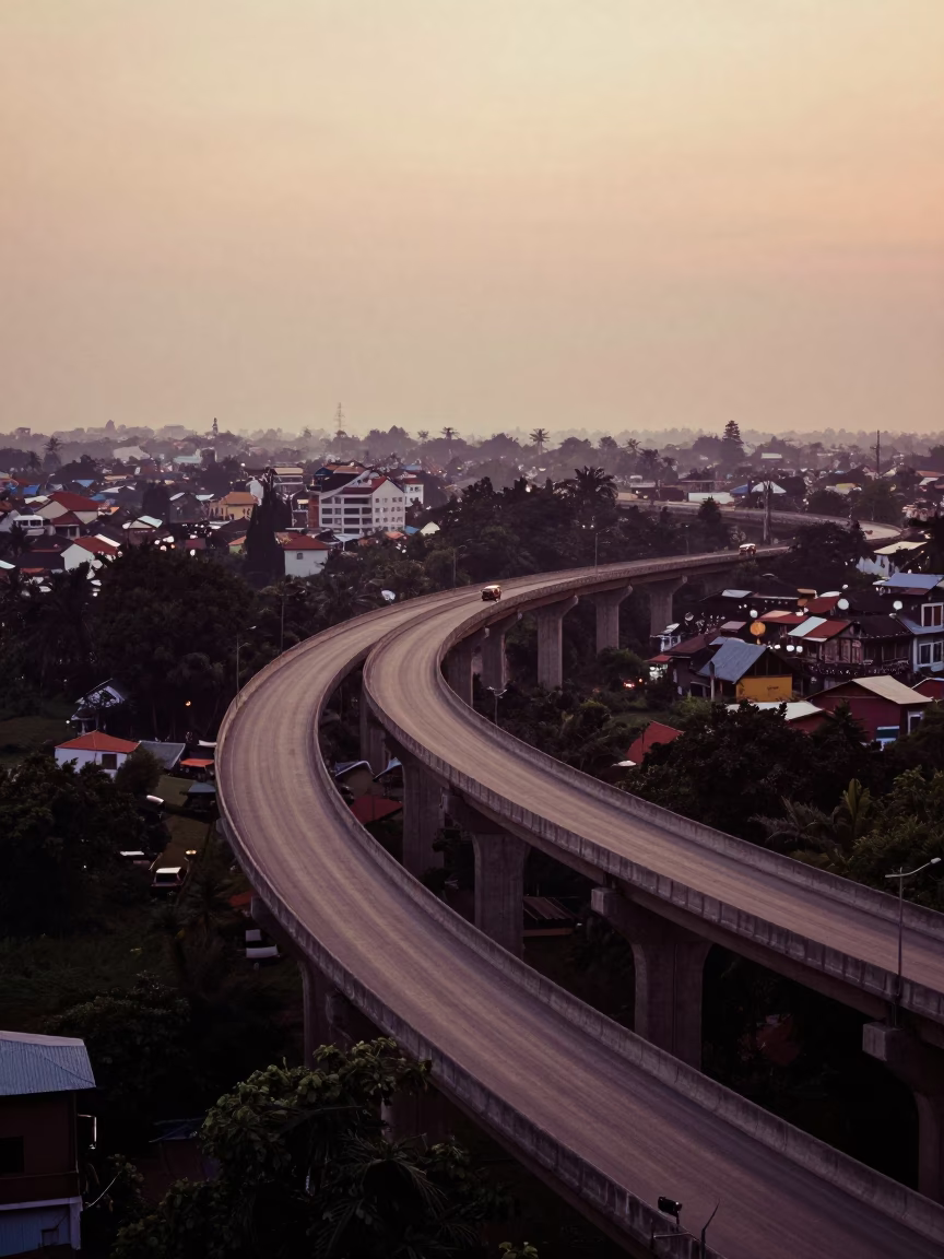 Hanoi Vietnam Pre-Dawn Concrete Viaduct Valley Landscape Street Scene in in Hanoi, Vietnam