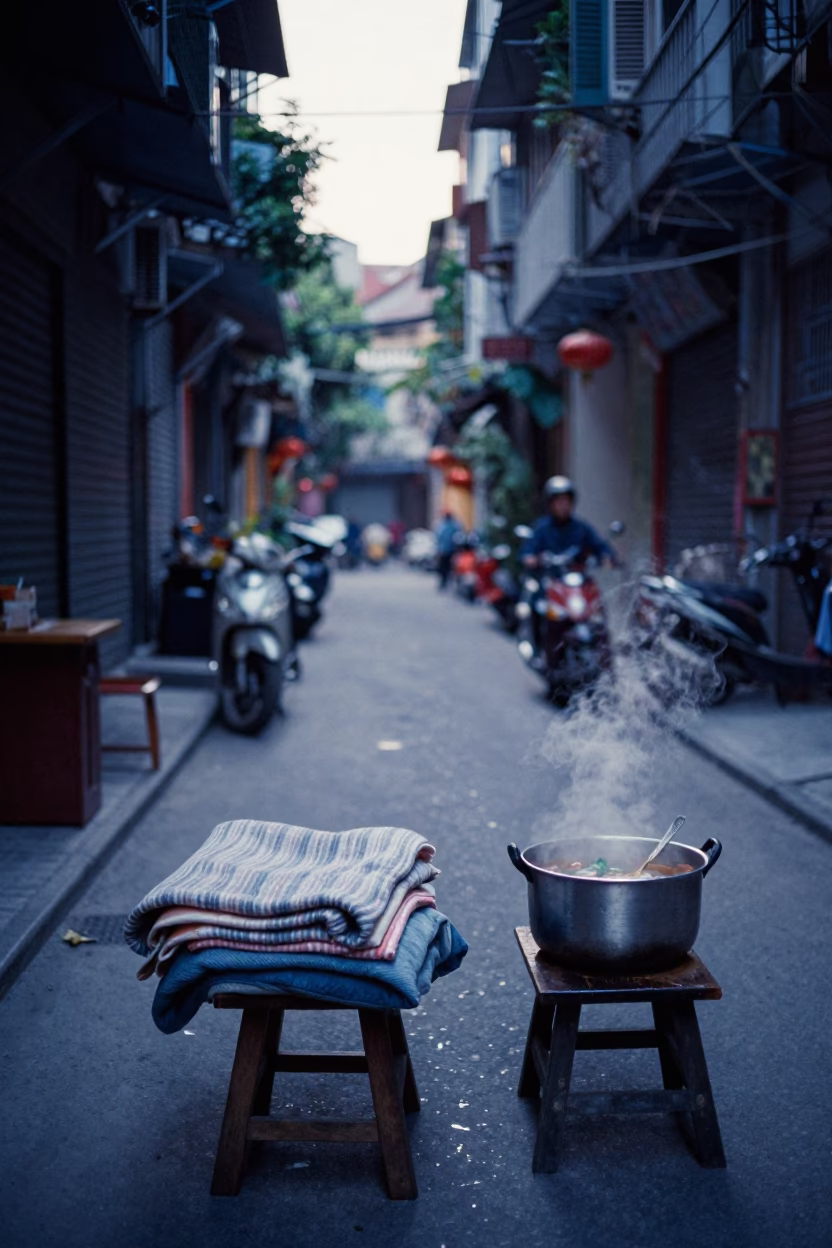 Hanoi Vietnam Pre-Dawn Street Life with Blankets and Brushed Steel Reflections in in Hanoi, Vietnam