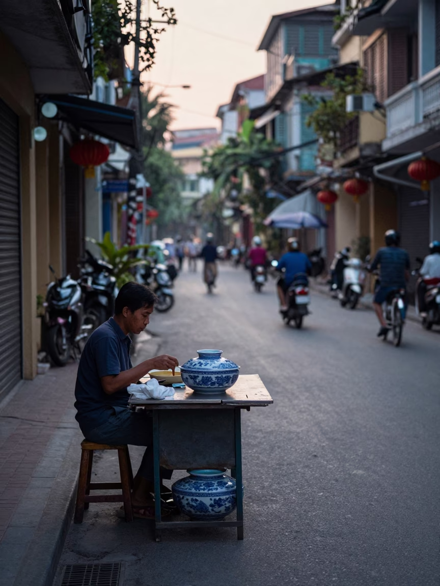Hanoi Vietnam Pre-Dawn Street Scene with Blue Porcelain Bowl and Eggplants in in Hanoi, Vietnam