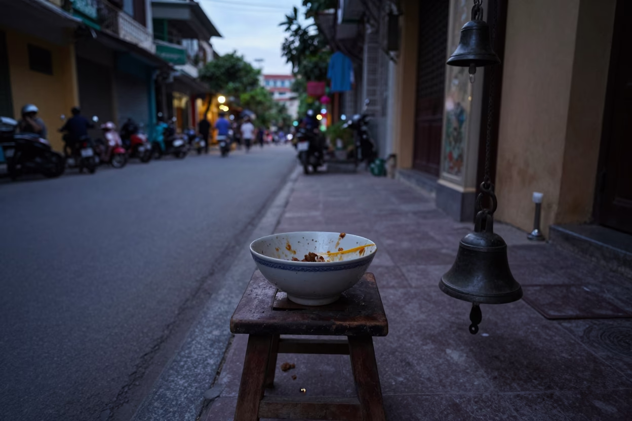 Hanoi Vietnam pre-dawn street scene with ceramic bowl and bell in in Hanoi, Vietnam