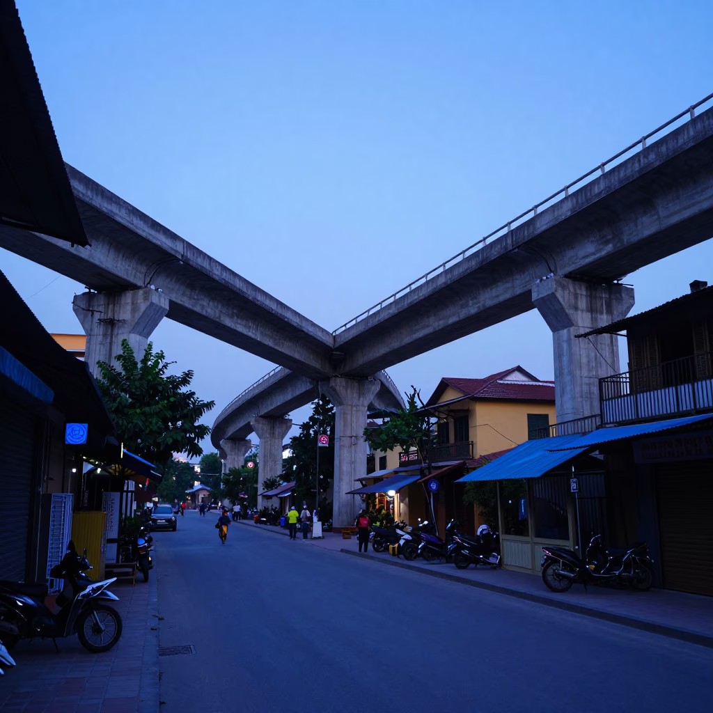 Hanoi Vietnam Pre-Dawn Street Scene with Concrete Viaduct and Local Morning Activity in in Hanoi, Vietnam
