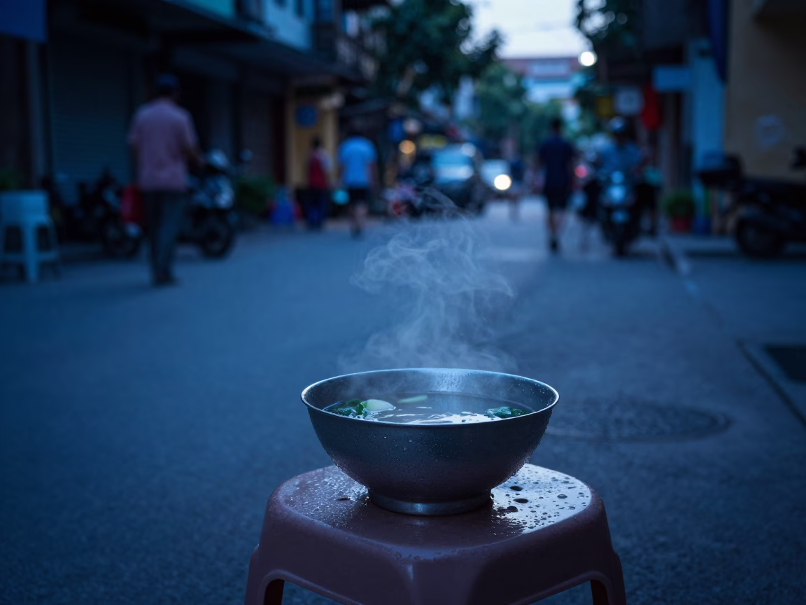 Hanoi Vietnam pre-dawn street scene with condensation on bowl and padlock in in Hanoi, Vietnam