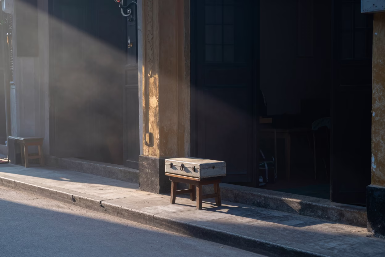 Hanoi Vietnam Pre-Dawn Street Scene with Hatbox and Misty Morning Ambience in in Hanoi, Vietnam