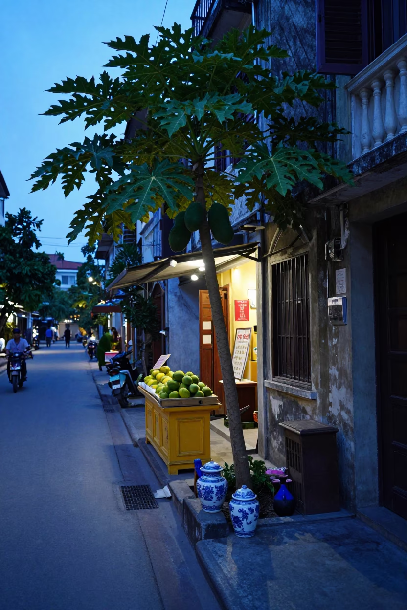 Hanoi Vietnam pre-dawn street scene with papaya tree and blue porcelain jar in in Hanoi, Vietnam