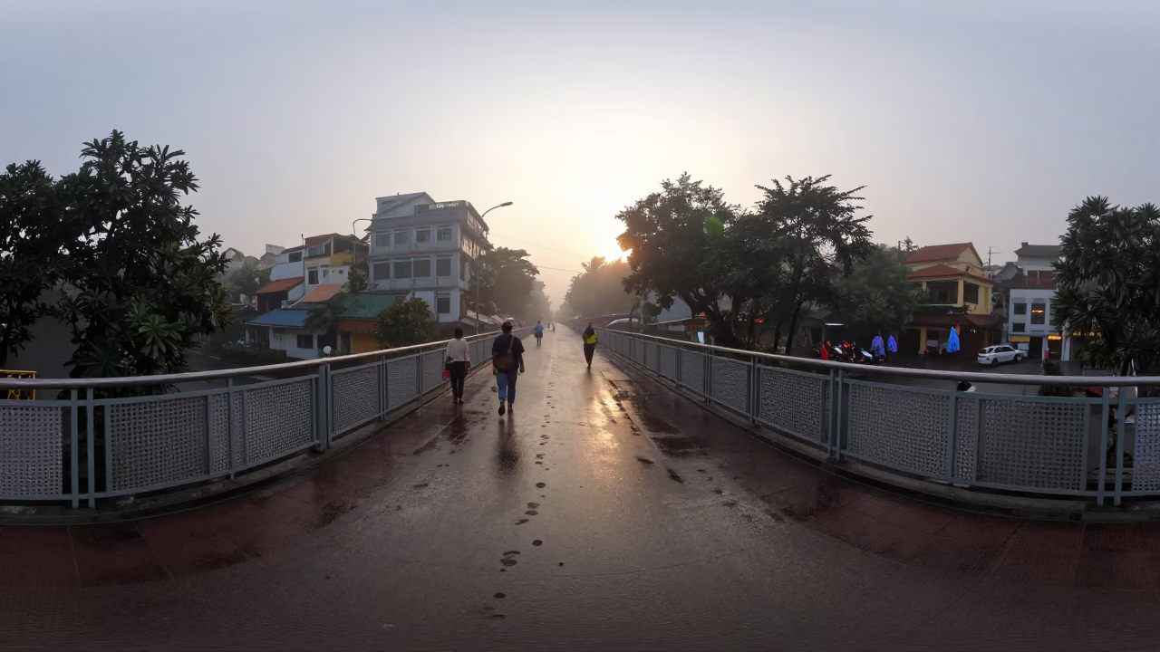 Hanoi Vietnam Pre-Dawn Street Scene with Pedestrian Overpass and Wet Footsteps in in Hanoi, Vietnam