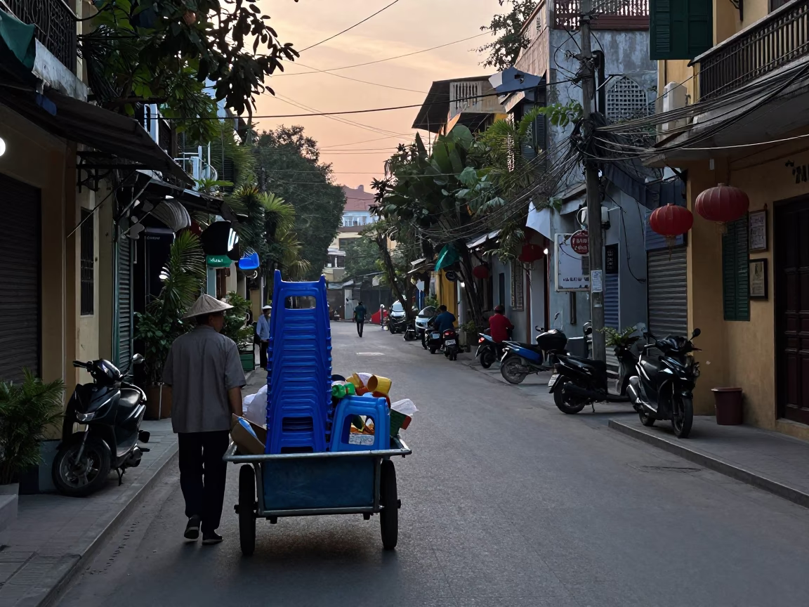 Hanoi Vietnam Pre-Dawn Street Scene with Rolling Carts and Morning Market Activity in in Hanoi, Vietnam