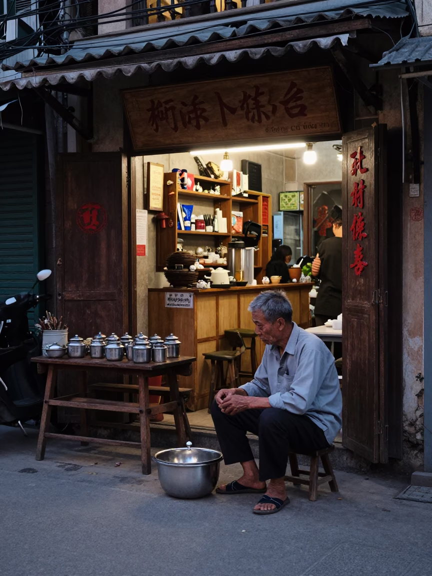 Hanoi Vietnam Pre-Dawn Street Scene with Tea Tin and Basin Scratches in in Hanoi, Vietnam