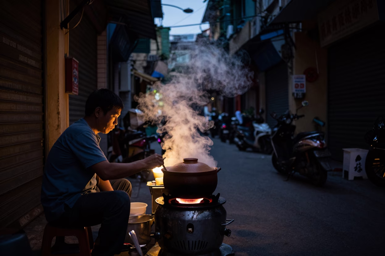Hanoi Vietnam Predawn Street Food Steam Rising from Clay Pots on Narrow Alleyway in in Hanoi, Vietnam