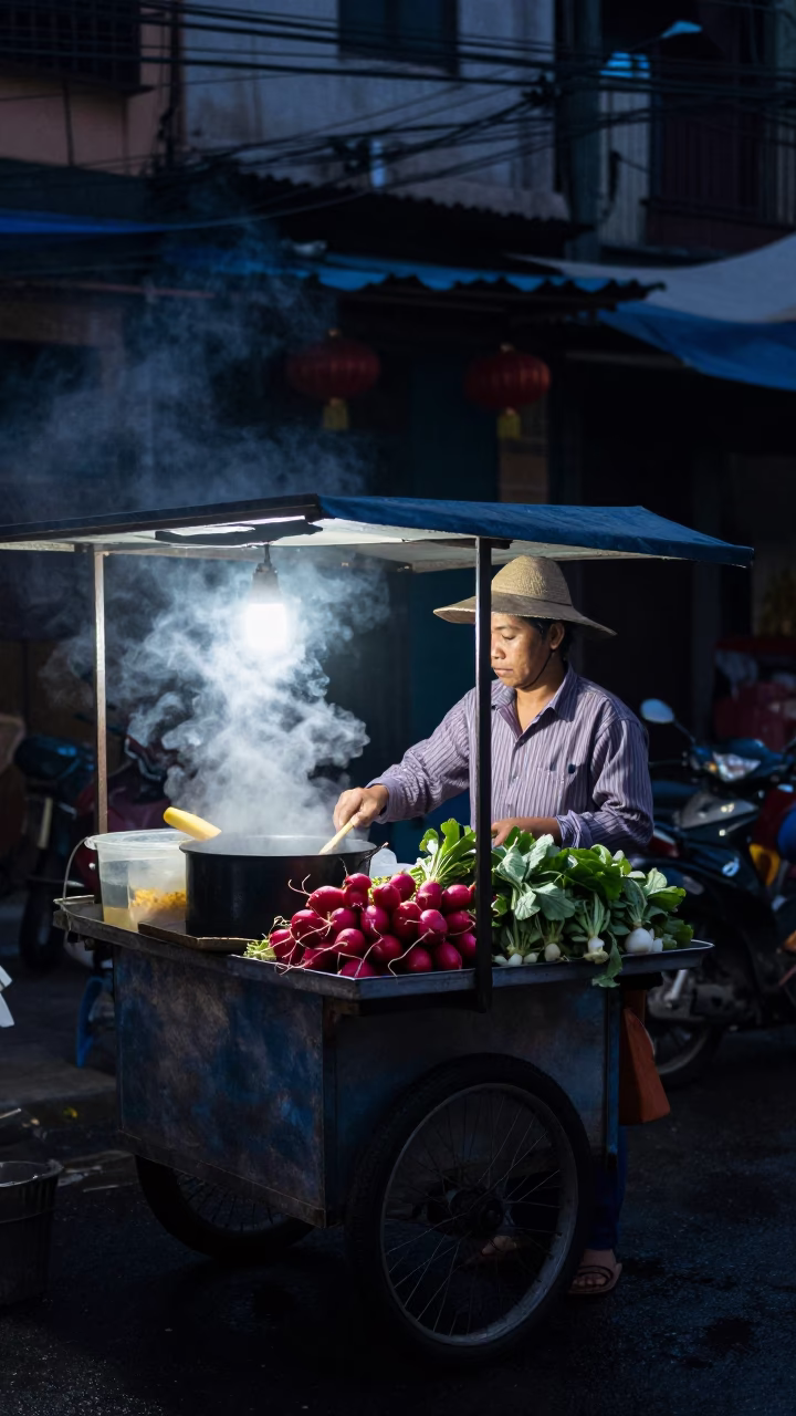 Hanoi Vietnam Predawn Street Food Vendor Cooking with Radishes and Steam in in Hanoi, Vietnam