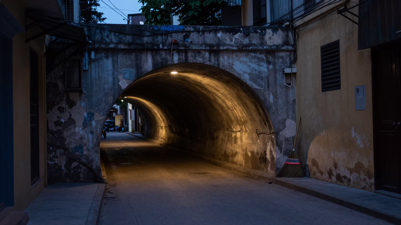 Hanoi Vietnam predawn street scene with broom and tunnel portal retaining wall in in Hanoi, Vietnam