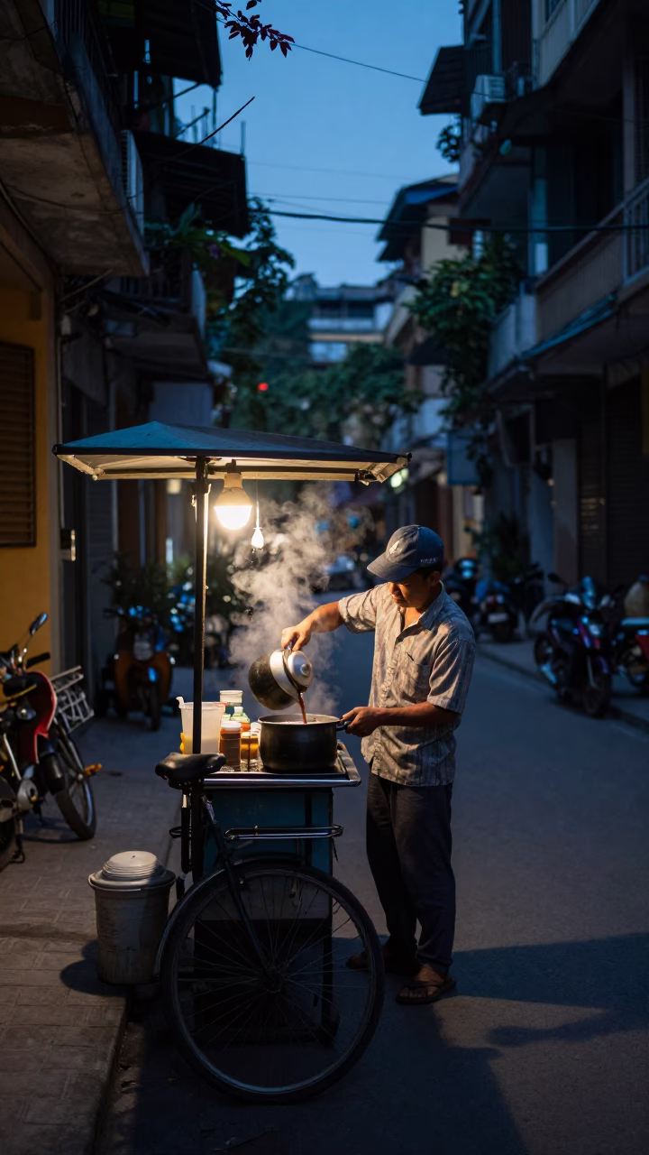 Hanoi Vietnam Predawn Street Scene with Coffee Stall and Bicycle in in Hanoi, Vietnam
