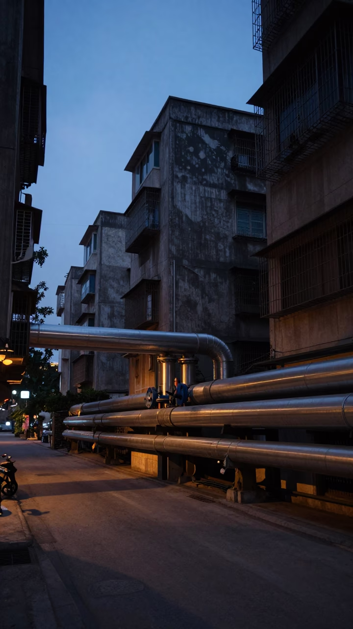 Hanoi Vietnam predawn street scene with district heating pipes and morning light in in Hanoi, Vietnam