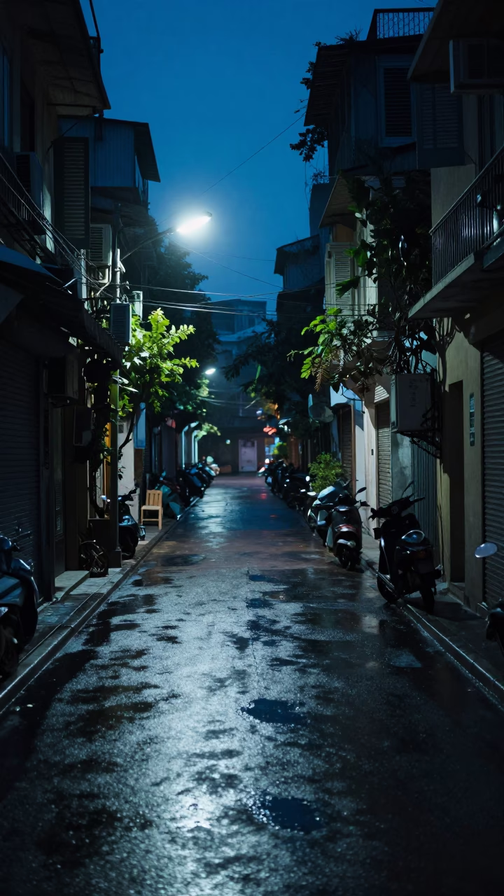 Hanoi Vietnam Predawn Street Scene with Grease Sheen and Urban Details in in Hanoi, Vietnam