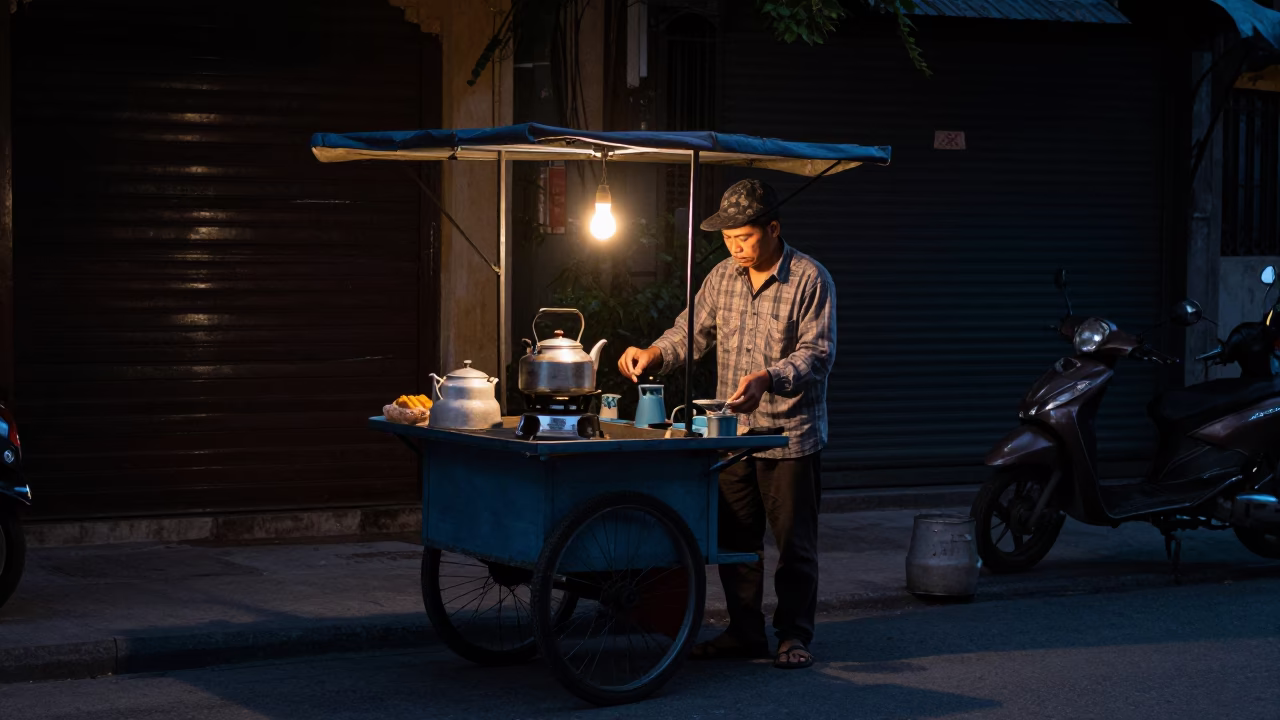 Hanoi Vietnam Predawn Street Scene with Kettle and Ashtray in in Hanoi, Vietnam