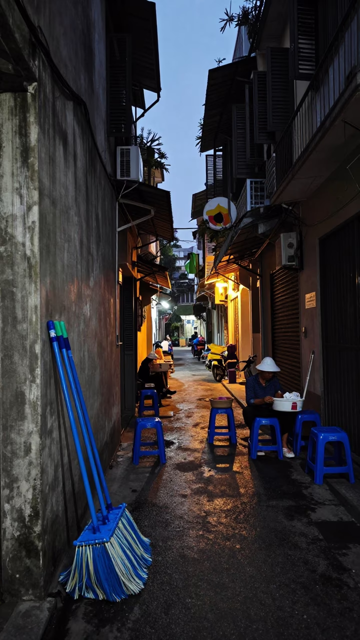 Hanoi Vietnam Predawn Street Scene with Mops and Early Morning Activity in in Hanoi, Vietnam