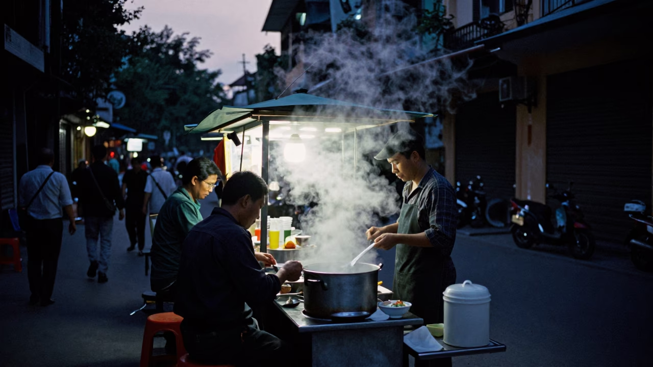 Hanoi Vietnam Predawn Street Scene with Steam and Early Morning Activity in in Hanoi, Vietnam